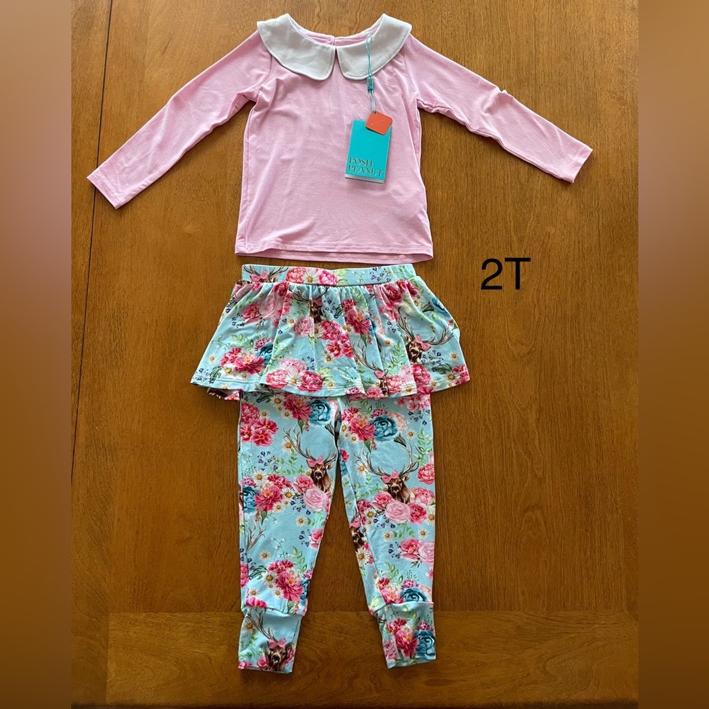 NWT Posh Peanut Fawn Long Sleeve Peter Pan Collar Shirt & Skirted Legging Set